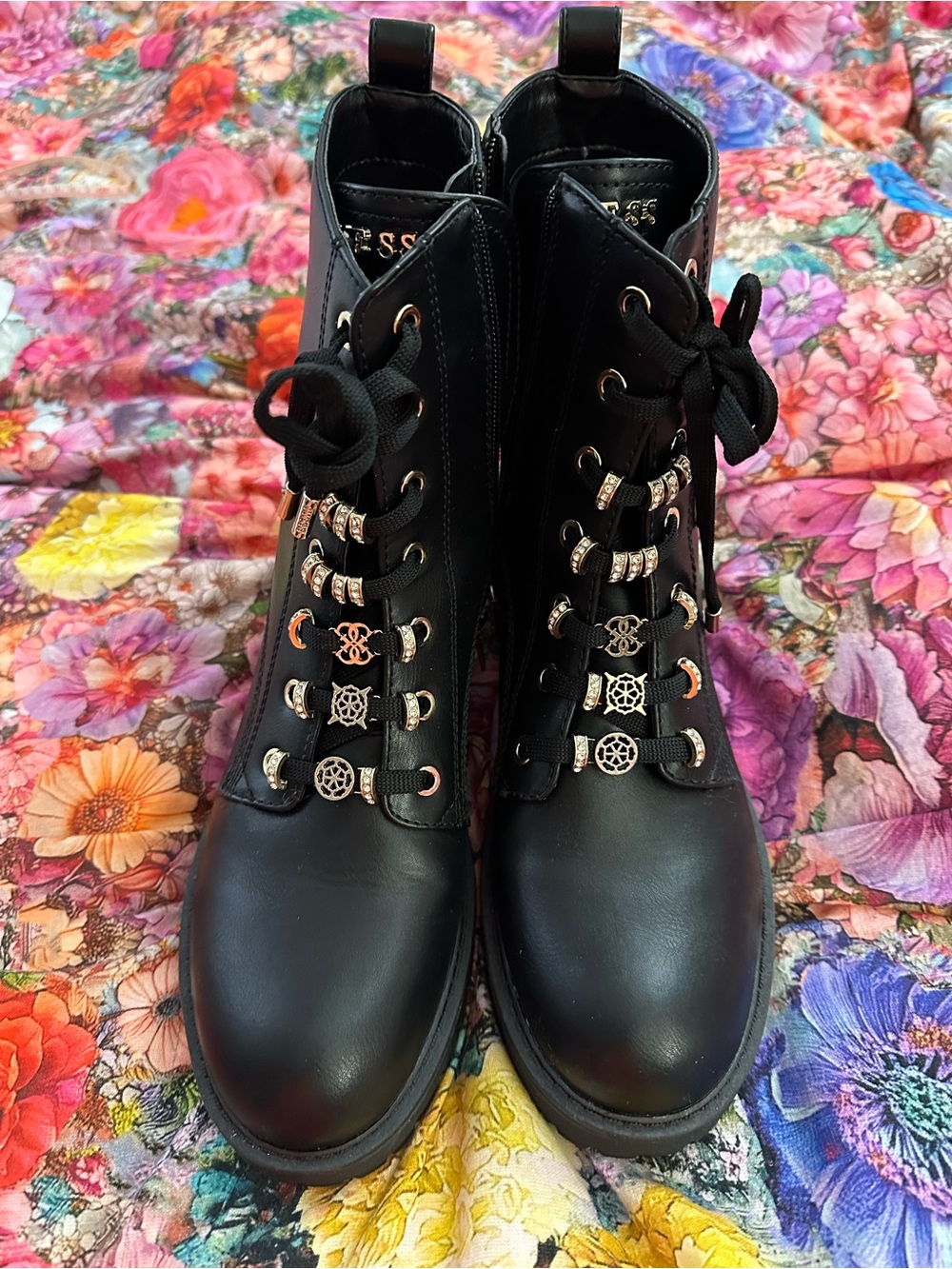 GUESS Black Lace-Up Combat Boots with Gold Eyelets NWOT - Picture 2 of 16